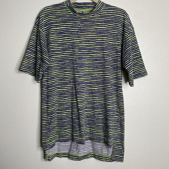 Vintage 80s 90s Zero Gravity Purple Green Striped High Low T Shirt M - Picture 1 of 4
